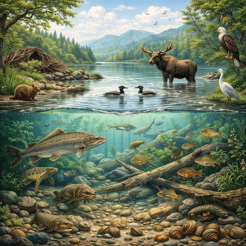 Underwater researcher surrounded by marine animals and oceanographic instruments