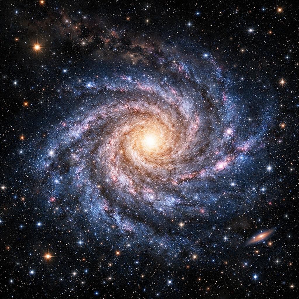 Spiral galaxy with bright central core and swirling arms of stars and dust