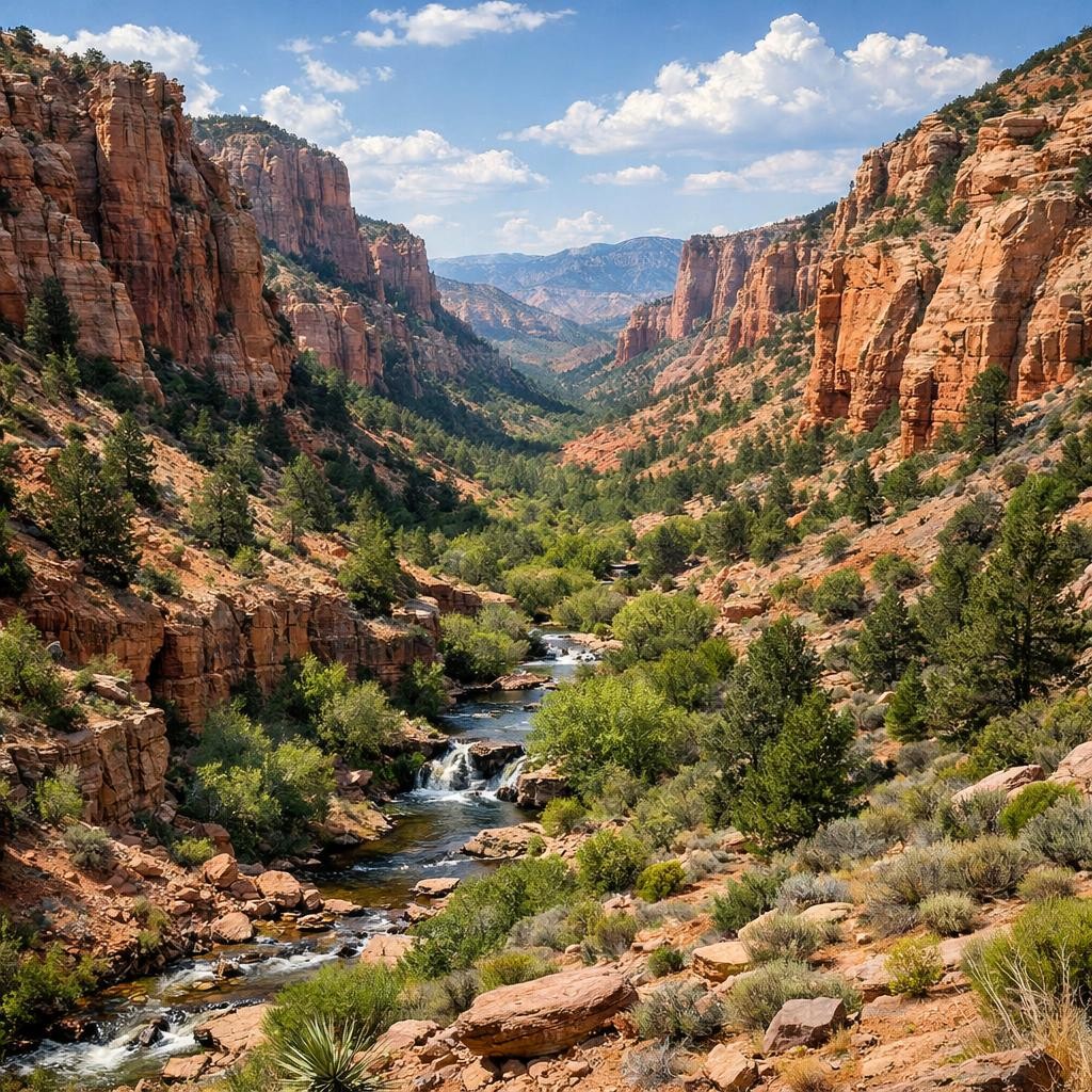River flowing through green valley amid red rock cliffs and pine trees