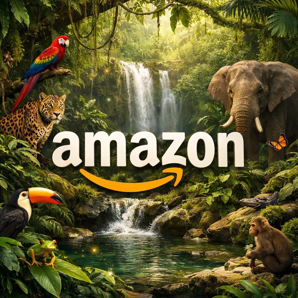 Amazon logo surrounded by Amazon rainforest animals and waterfall